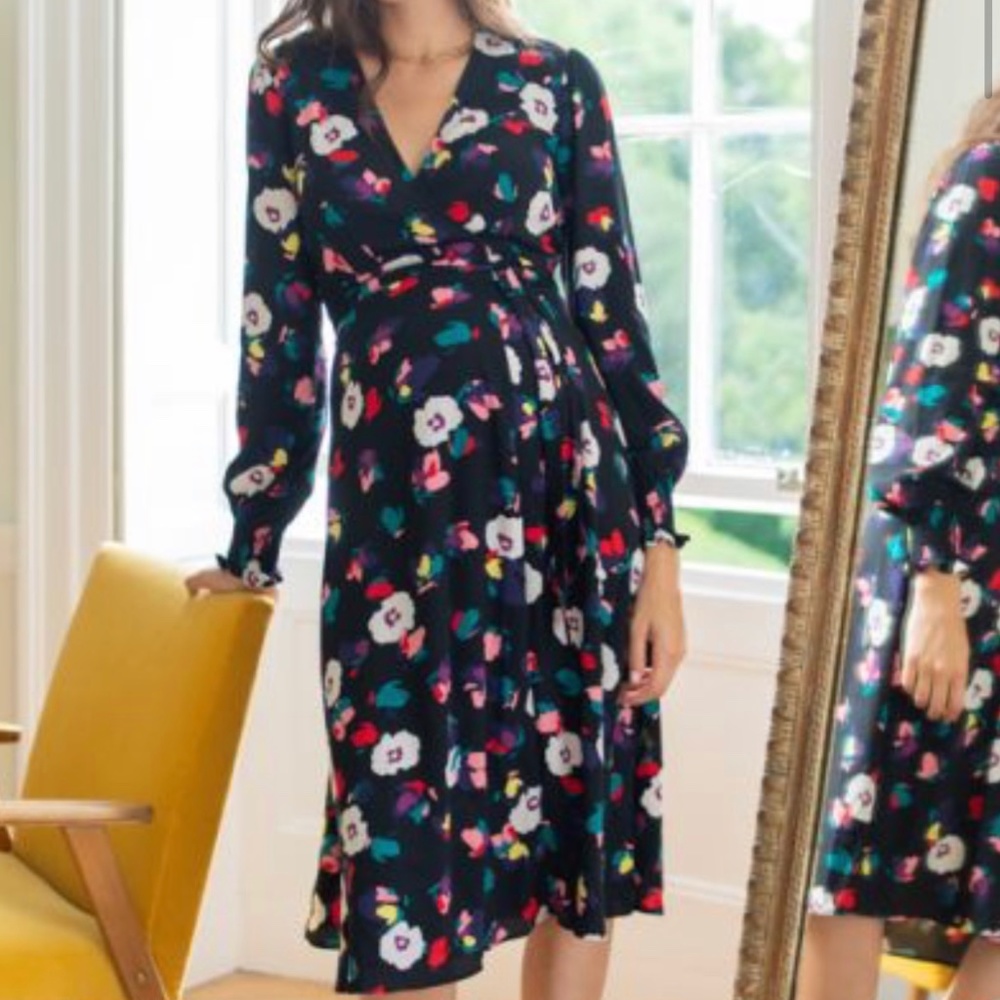 Black floral midi wrap maternity dress